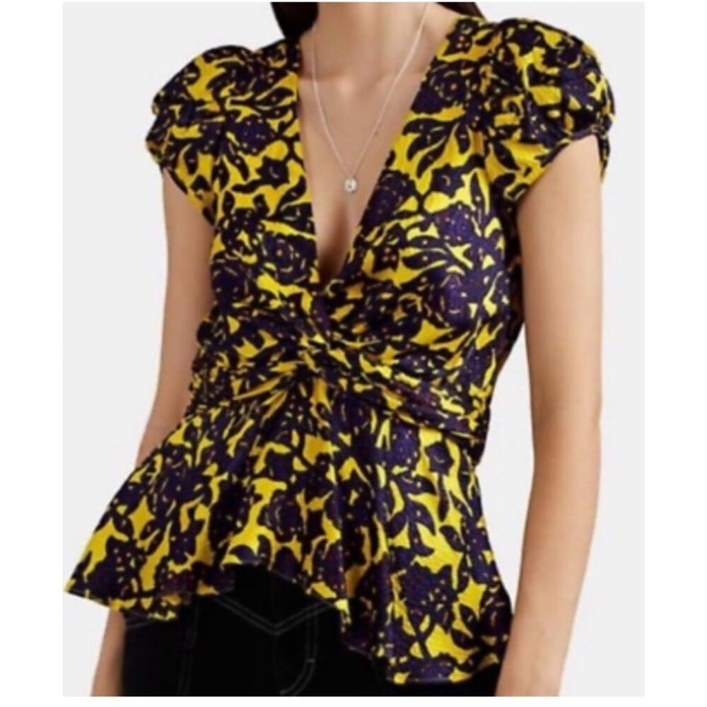 ALC Aya Yellow Purple Printed Jacquard V-Neck Cap Sleeve Top Sz 16 100% Silk